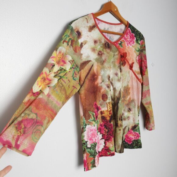 Floral Chinese Tang Style Blouse Y2K Asian Top Frog Button Neckline 34 Sleeves - Picture 5 of 10